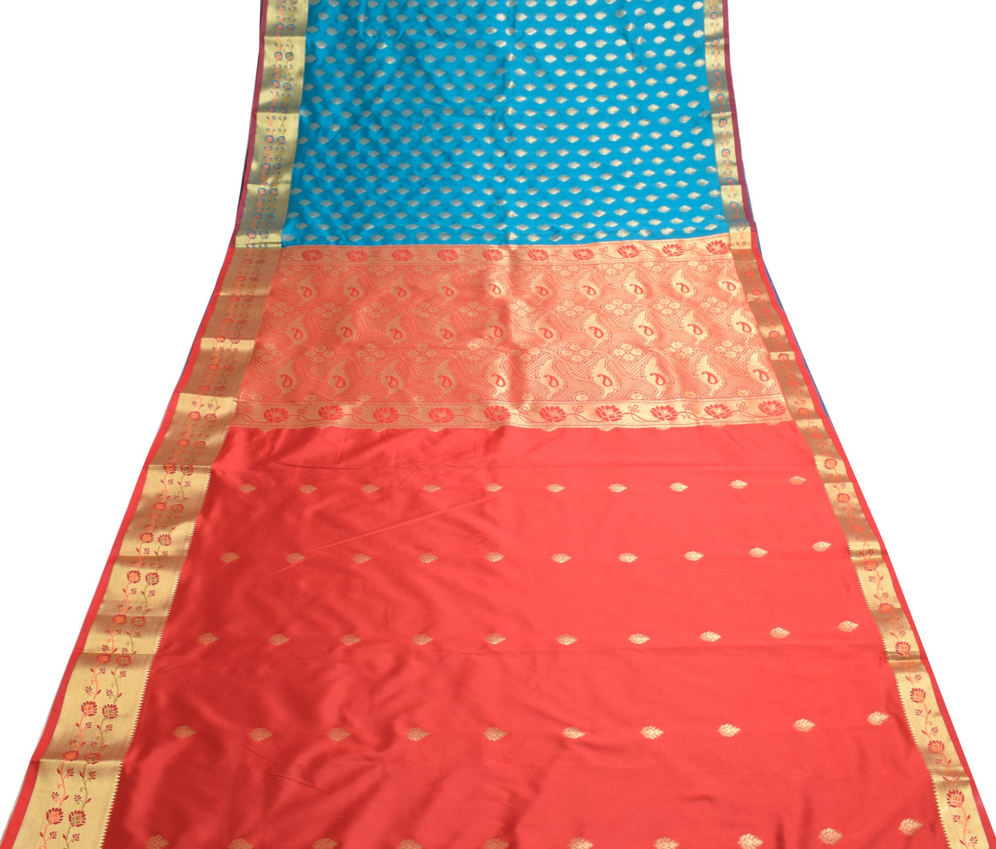Teal Blue Banarasi Sari Art Silk Zari Woven Leaf Motifs Saree with Blouse Fabric