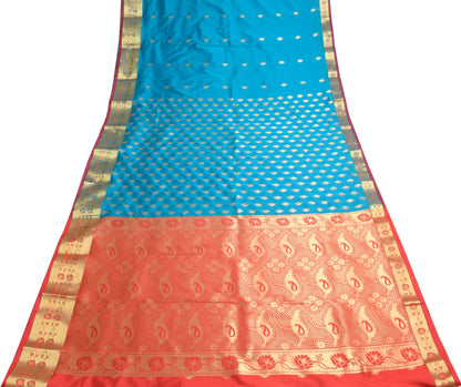 Teal Blue Banarasi Sari Art Silk Zari Woven Leaf Motifs Saree with Blouse Fabric
