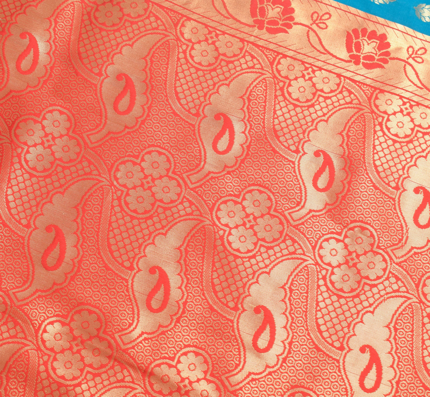 Teal Blue Banarasi Sari Art Silk Zari Woven Leaf Motifs Saree with Blouse Fabric