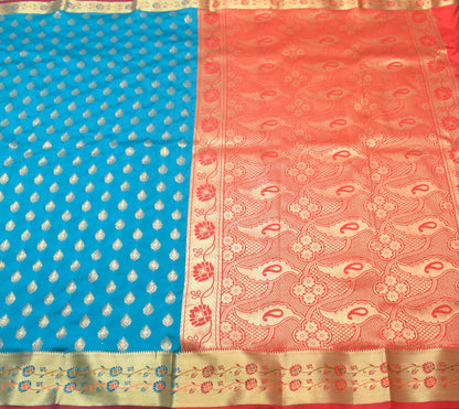 Teal Blue Banarasi Sari Art Silk Zari Woven Leaf Motifs Saree with Blouse Fabric