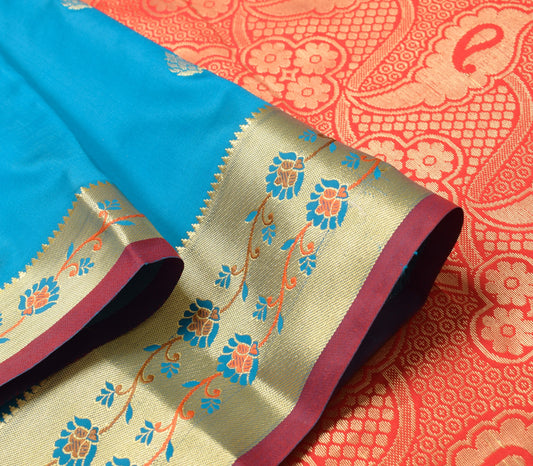 Teal Blue Banarasi Sari Art Silk Zari Woven Leaf Motifs Saree with Blouse Fabric