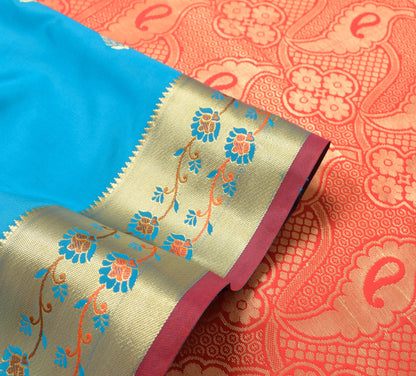 Teal Blue Banarasi Sari Art Silk Zari Woven Leaf Motifs Saree with Blouse Fabric