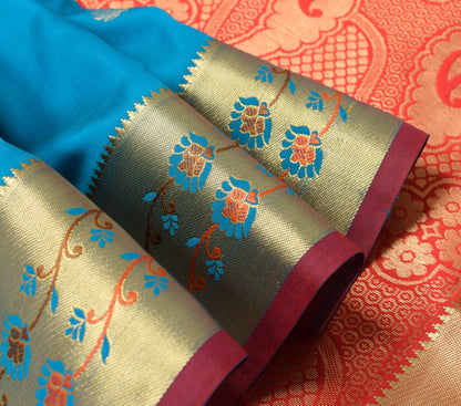 Teal Blue Banarasi Sari Art Silk Zari Woven Leaf Motifs Saree with Blouse Fabric