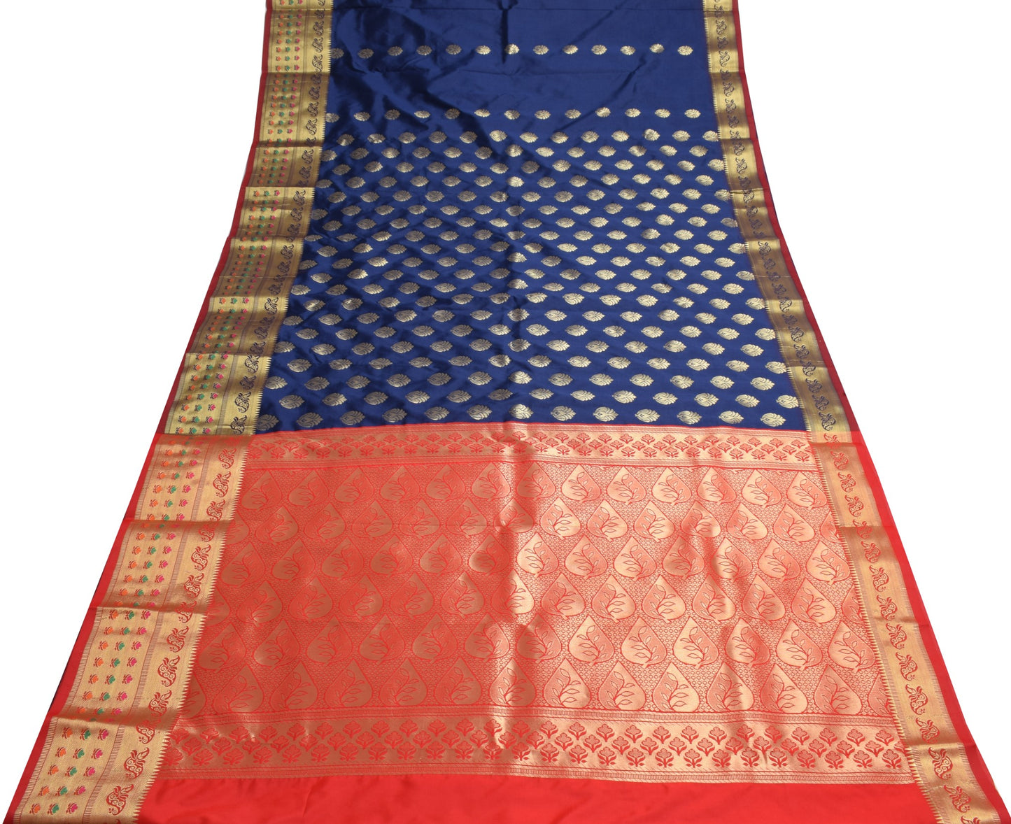 Dark Blue Banarasi Sari Art Silk Zari Woven Floral Border Saree Blouse Fabric