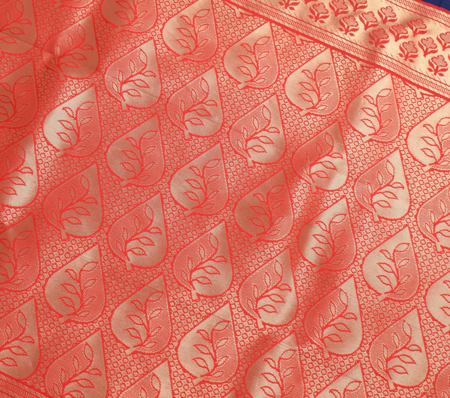 Dark Blue Banarasi Sari Art Silk Zari Woven Floral Border Saree Blouse Fabric