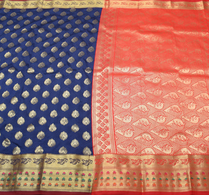 Dark Blue Banarasi Sari Art Silk Zari Woven Floral Border Saree Blouse Fabric