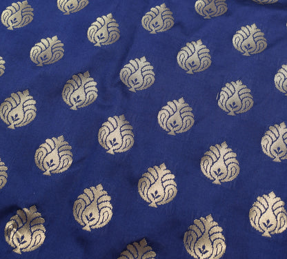 Dark Blue Banarasi Sari Art Silk Zari Woven Floral Border Saree Blouse Fabric