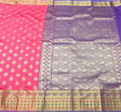 Dark Blue Banarasi Sari Art Silk Zari Woven Floral Border Saree Blouse Fabric