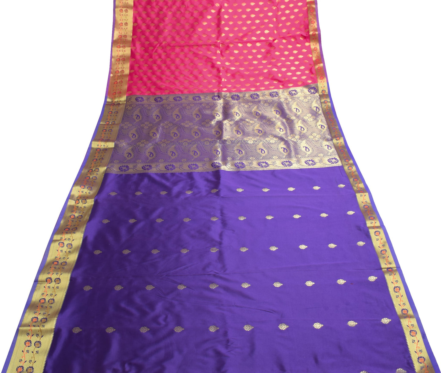 Pink Blue Banarasi Sari Art Silk Zari Woven Leaf Motifs Saree with Blouse Fabric