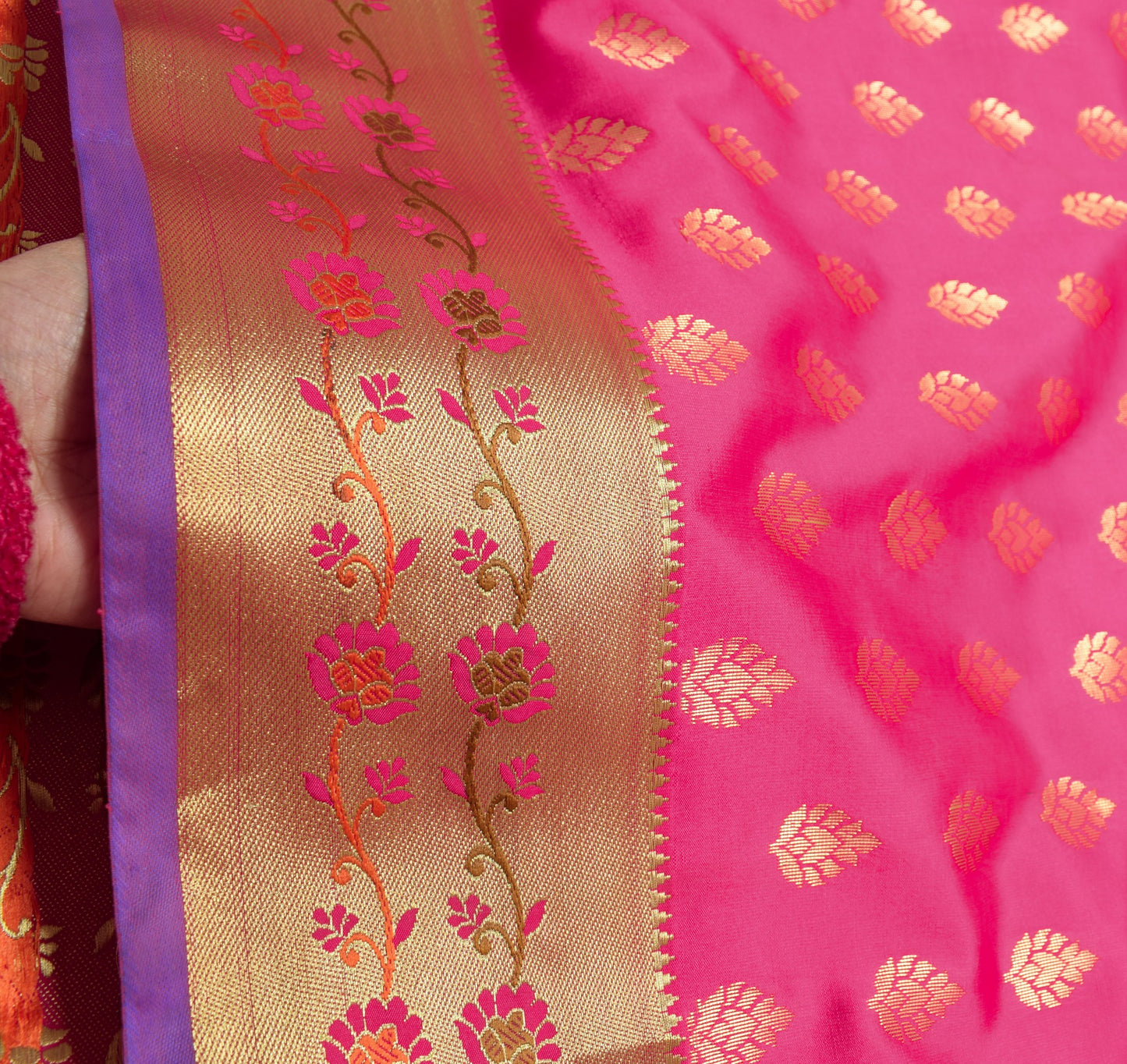 Pink Blue Banarasi Sari Art Silk Zari Woven Leaf Motifs Saree with Blouse Fabric