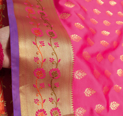 Pink Blue Banarasi Sari Art Silk Zari Woven Leaf Motifs Saree with Blouse Fabric