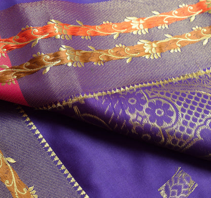 Pink Blue Banarasi Sari Art Silk Zari Woven Leaf Motifs Saree with Blouse Fabric