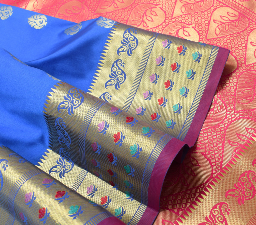 Royal Blue Banarasi Sari Art Silk Zari Woven Floral Border Saree Blouse Fabric