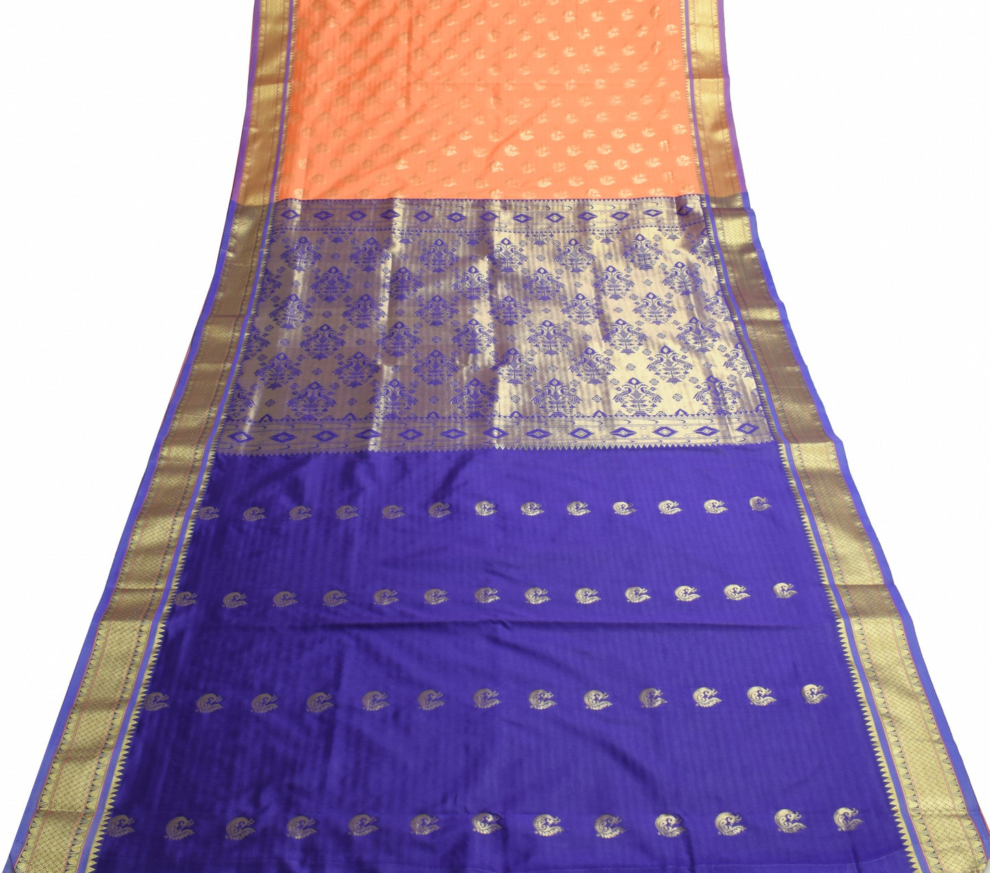 Indian Peachy Orange Sari Banarasi Art Silk Saree with Blouse Gold Zari Weaving