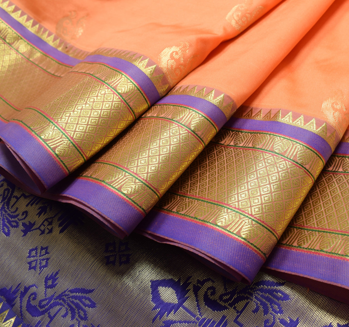 Indian Peachy Orange Sari Banarasi Art Silk Saree with Blouse Gold Zari Weaving