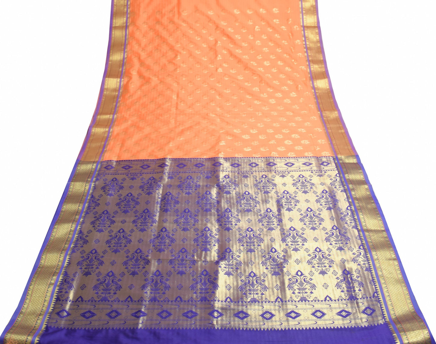 Indian Peachy Orange Sari Banarasi Art Silk Saree with Blouse Gold Zari Weaving