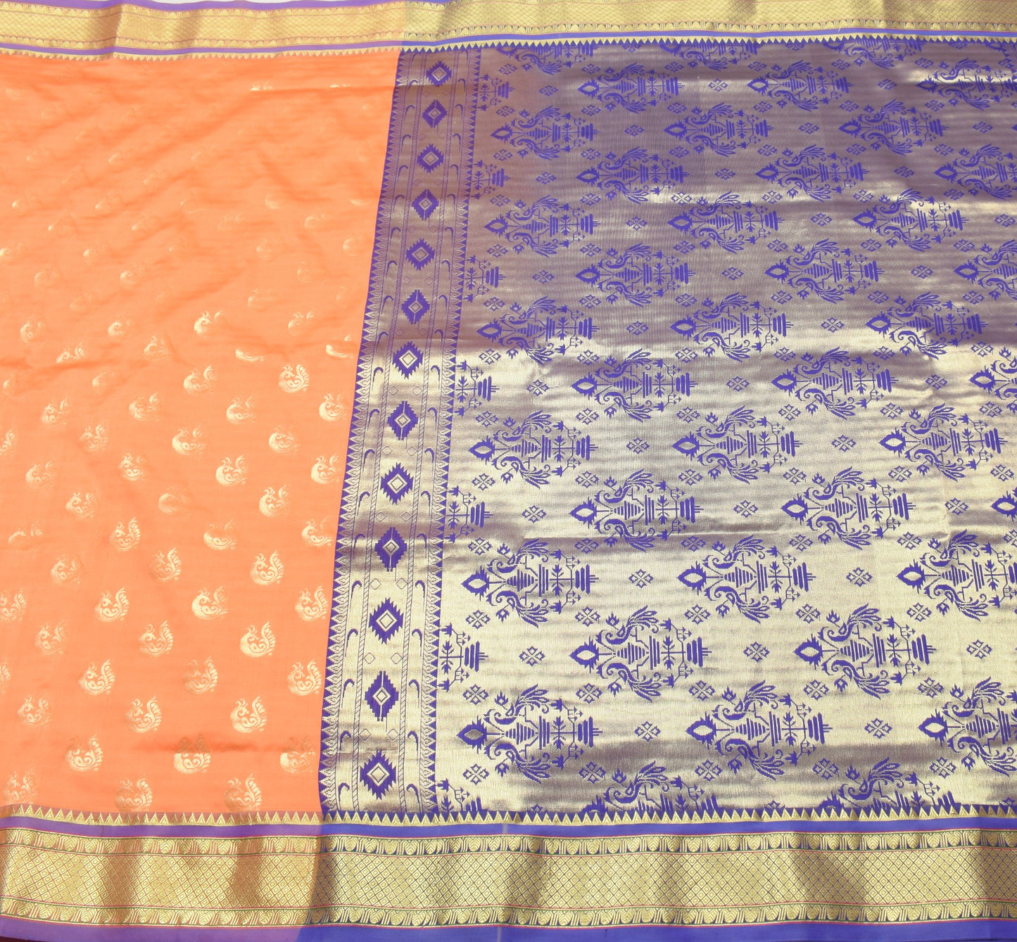 Indian Peachy Orange Sari Banarasi Art Silk Saree with Blouse Gold Zari Weaving