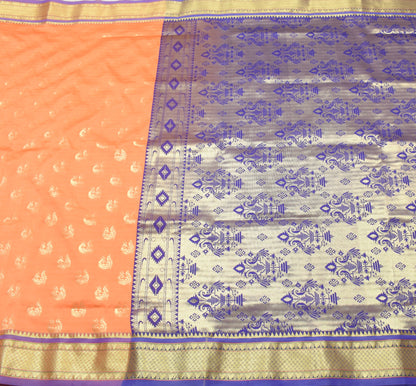 Indian Peachy Orange Sari Banarasi Art Silk Saree with Blouse Gold Zari Weaving