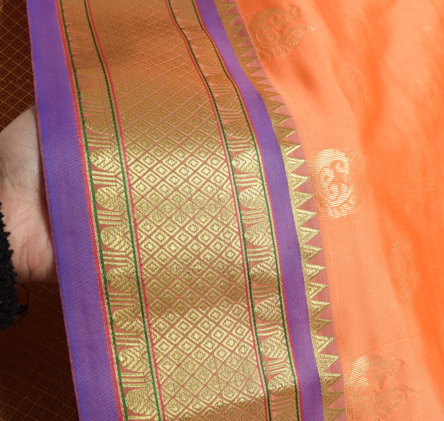 Indian Peachy Orange Sari Banarasi Art Silk Saree with Blouse Gold Zari Weaving