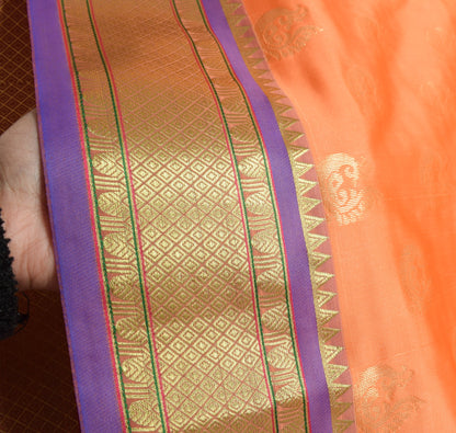 Indian Peachy Orange Sari Banarasi Art Silk Saree with Blouse Gold Zari Weaving