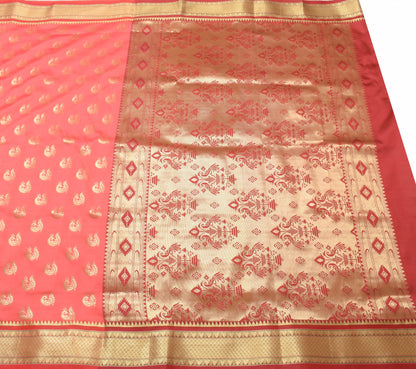 Indian Peach Maroon Sari Banarasi Art Silk Saree with Blouse Gold Zari Weaving