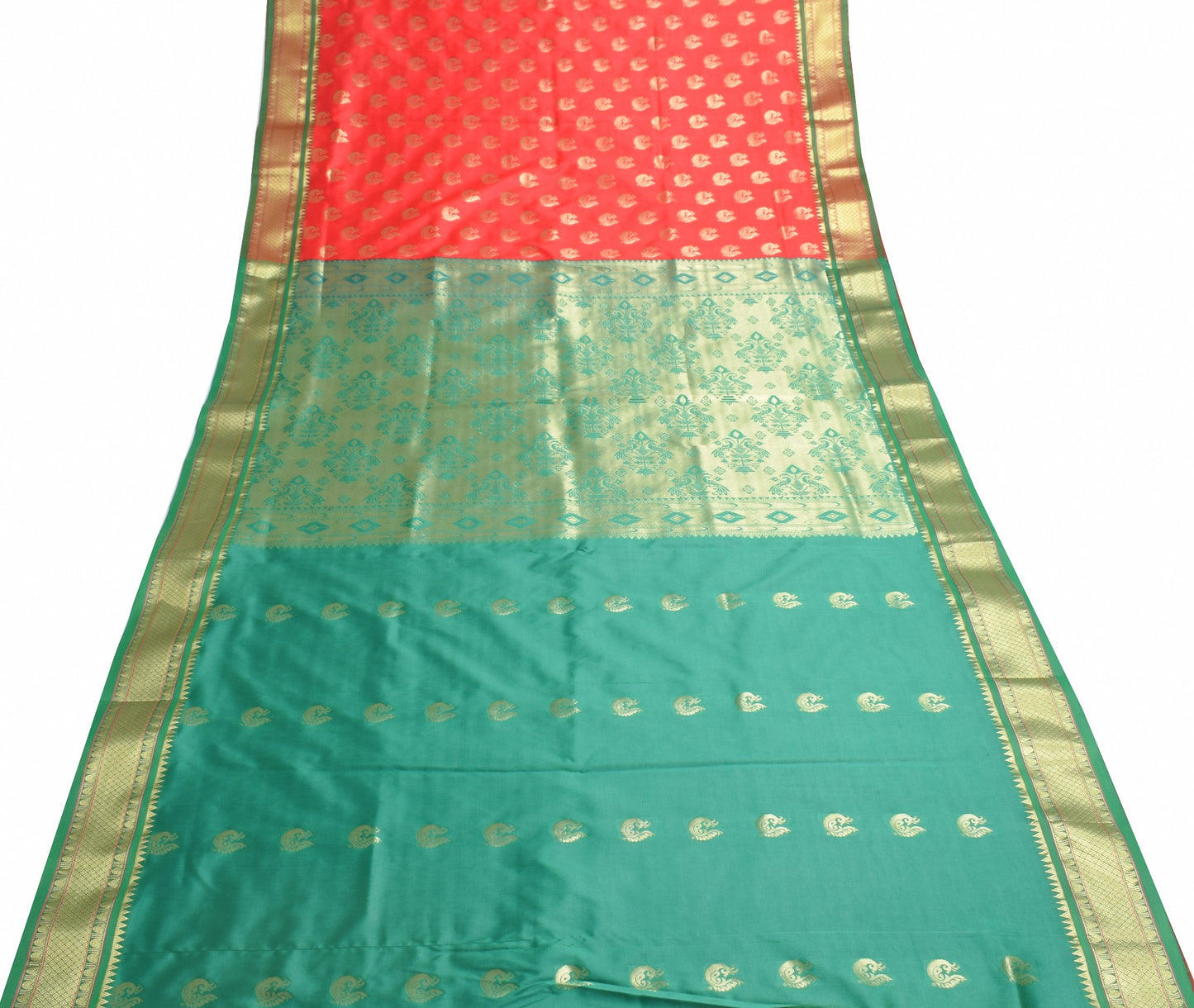 Indian Red & Green Sari Banarasi Art Silk Saree with Blouse Gold Zari Weaving