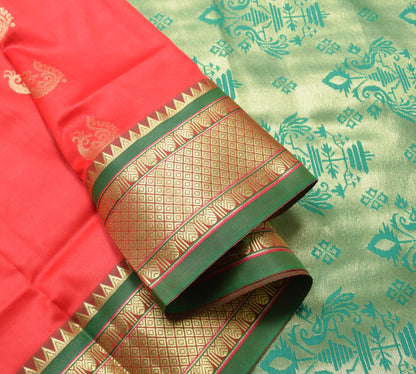 Indian Red & Green Sari Banarasi Art Silk Saree with Blouse Gold Zari Weaving