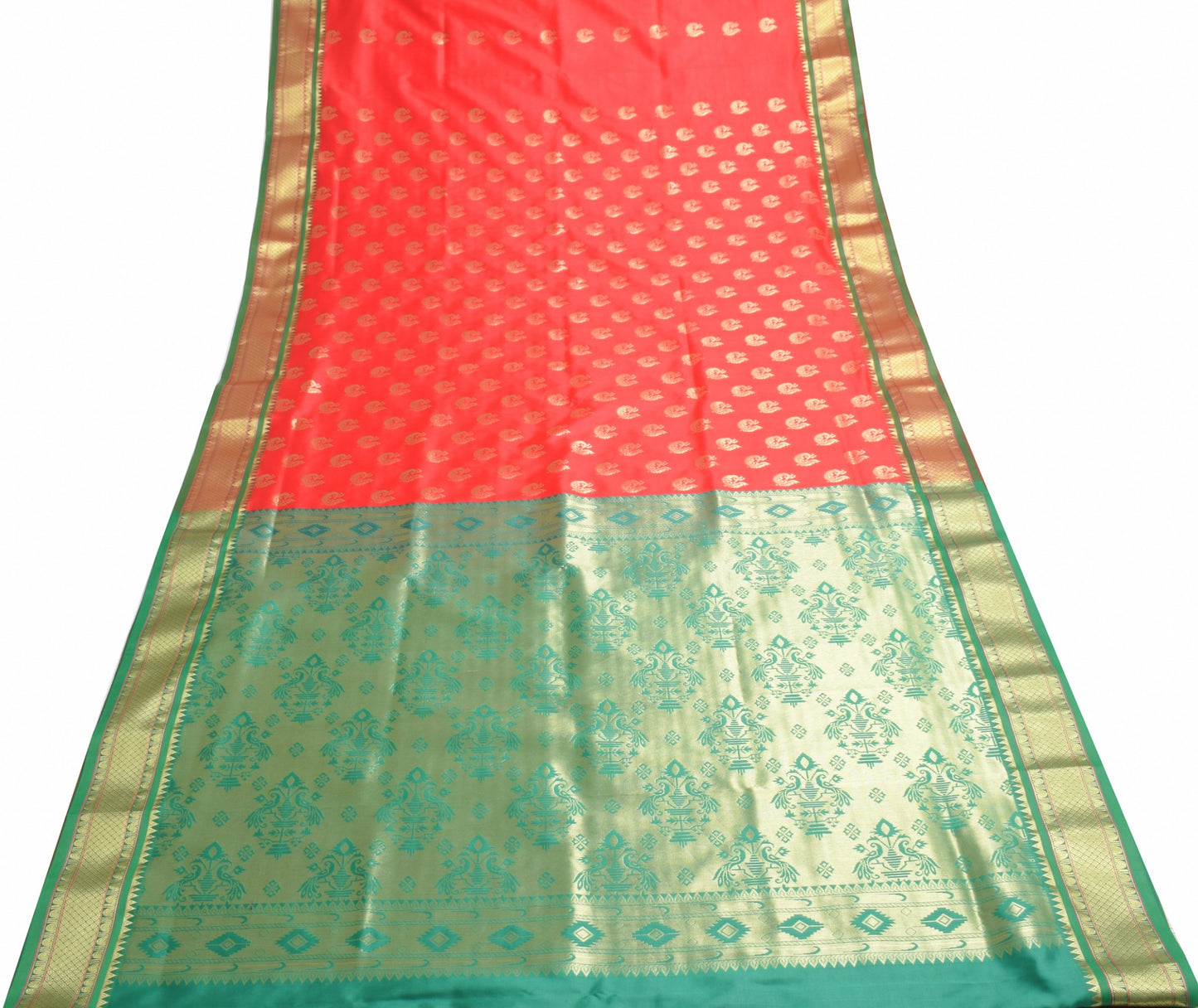 Indian Red & Green Sari Banarasi Art Silk Saree with Blouse Gold Zari Weaving
