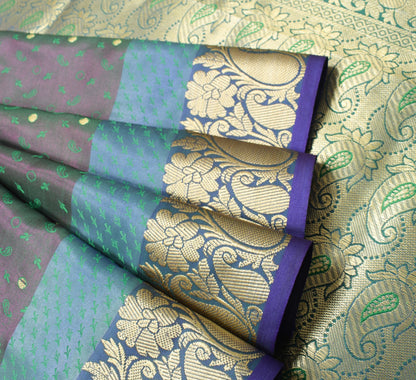 Indian Green Purple DualTone Sari Art Silk Banarasi Saree Blouse Gold Zari Woven