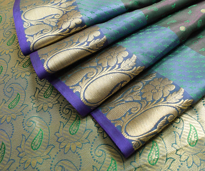 Indian Green Purple DualTone Sari Art Silk Banarasi Saree Blouse Gold Zari Woven