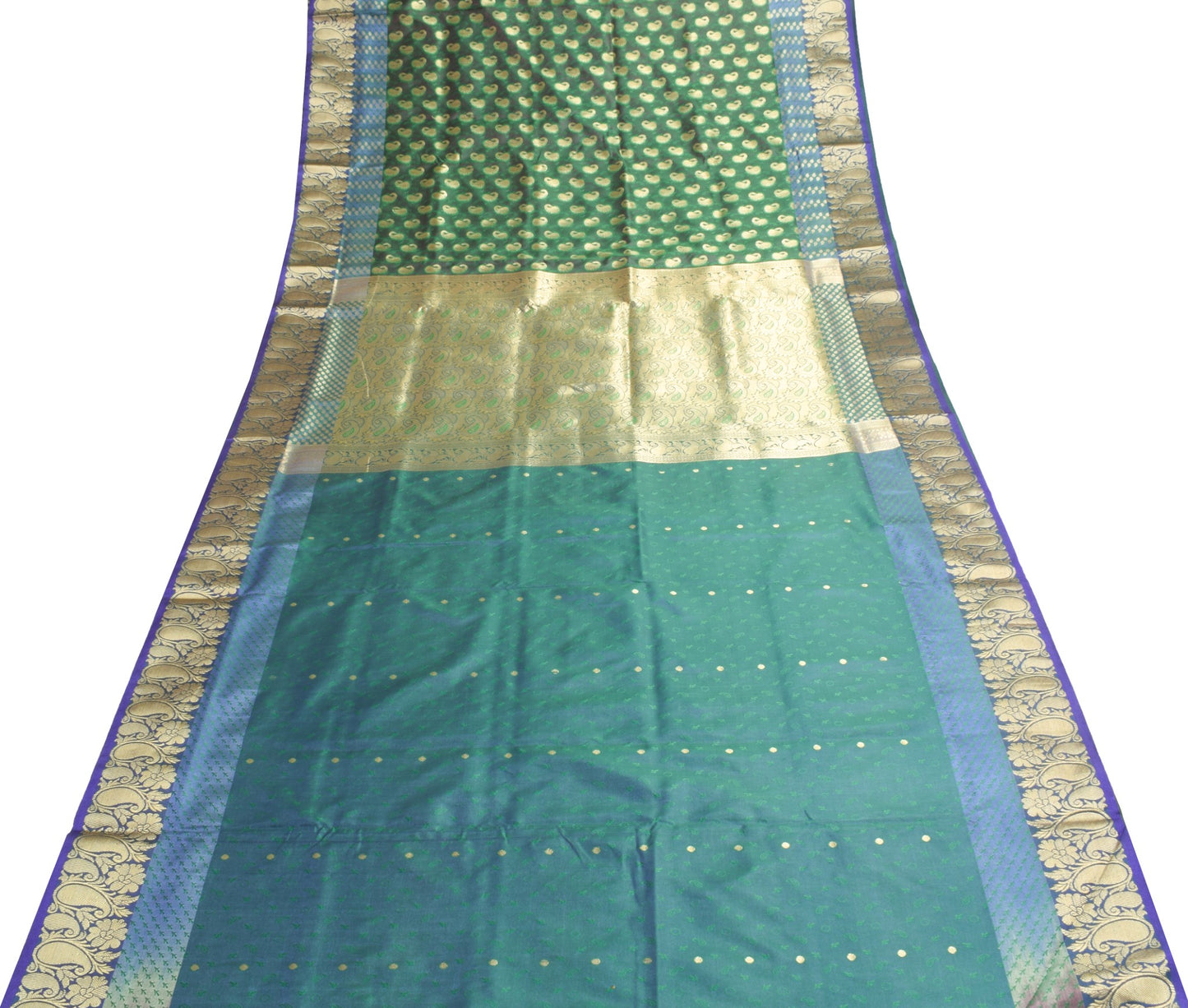 Indian Green Purple DualTone Sari Art Silk Banarasi Saree Blouse Gold Zari Woven