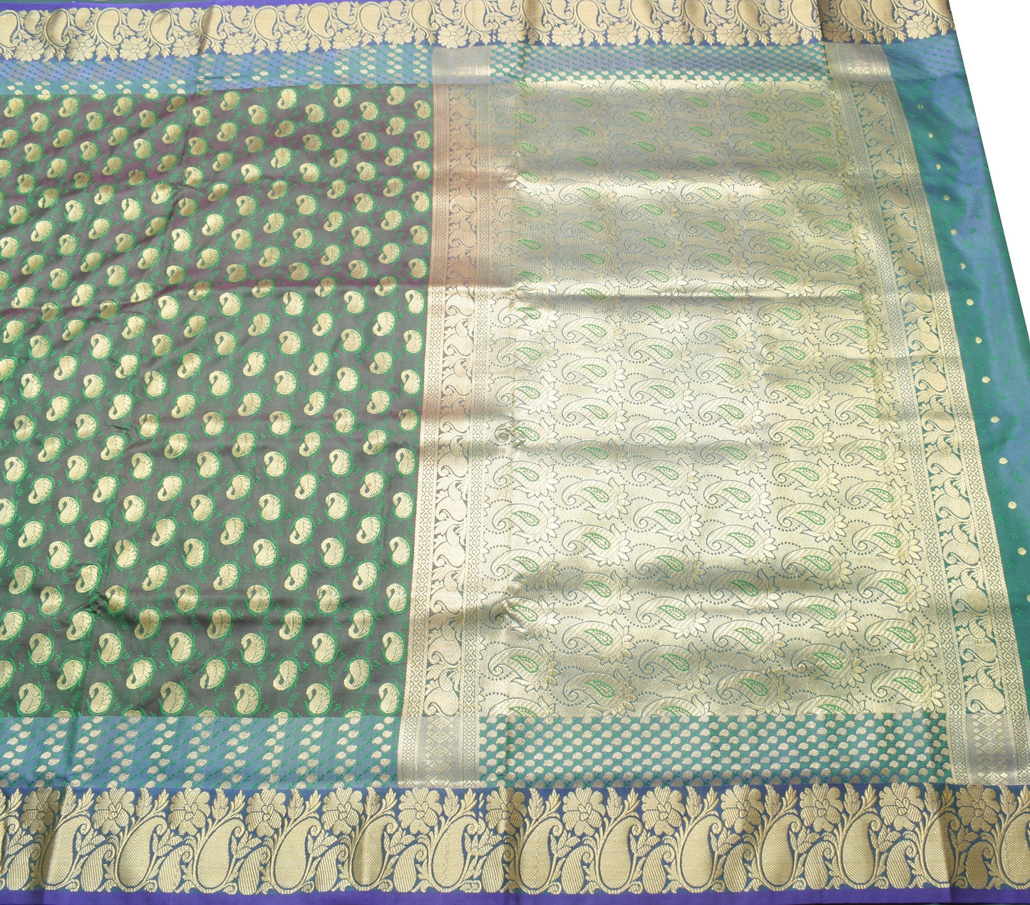 Indian Green Purple DualTone Sari Art Silk Banarasi Saree Blouse Gold Zari Woven