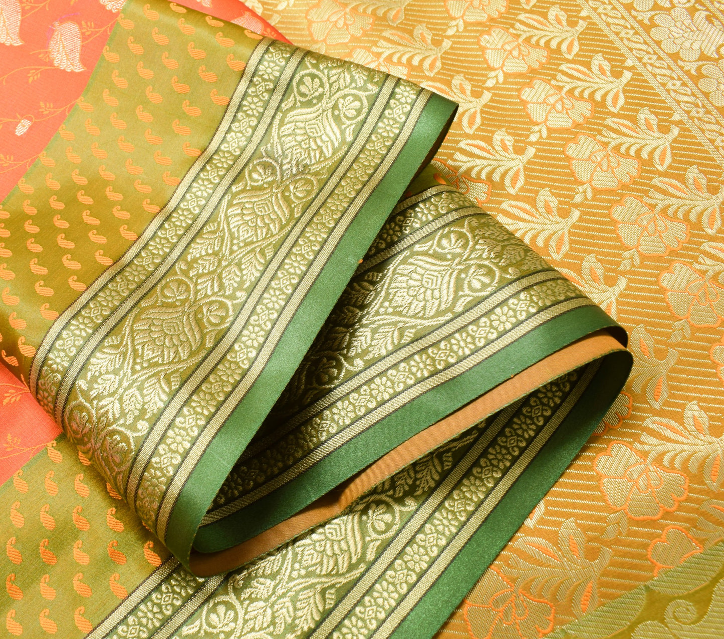 Indian Orange Dual Tone Sari Art Silk Banarasi Saree Blouse Gold Zari Woven