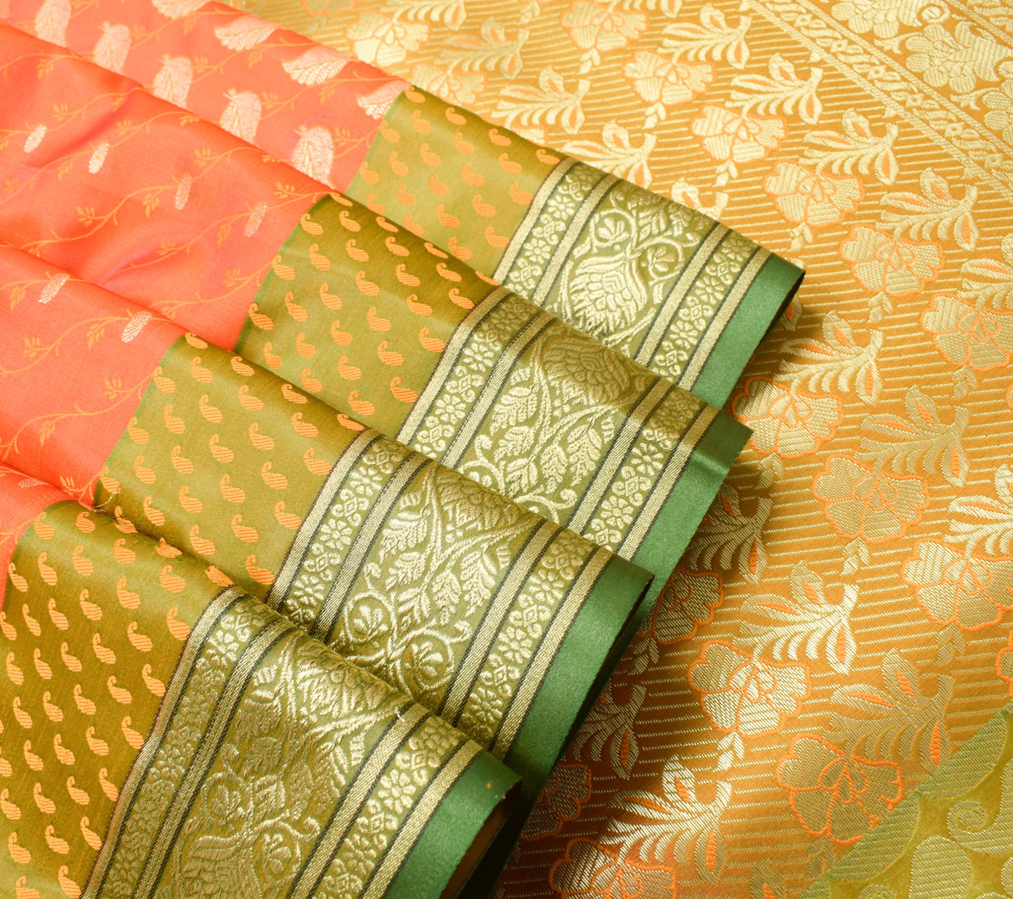 Indian Orange Dual Tone Sari Art Silk Banarasi Saree Blouse Gold Zari Woven