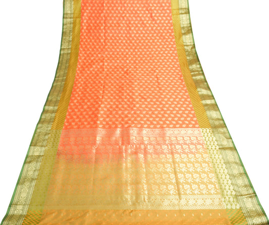 Indian Orange Dual Tone Sari Art Silk Banarasi Saree Blouse Gold Zari Woven