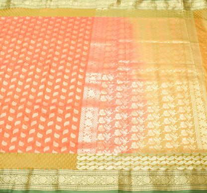 Indian Orange Dual Tone Sari Art Silk Banarasi Saree Blouse Gold Zari Woven