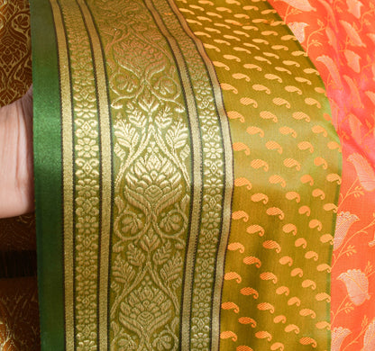 Indian Orange Dual Tone Sari Art Silk Banarasi Saree Blouse Gold Zari Woven