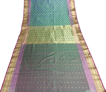 Indian Green Blue Dual Tone Sari Banarasi Art Silk Saree Blouse Gold Zari Woven