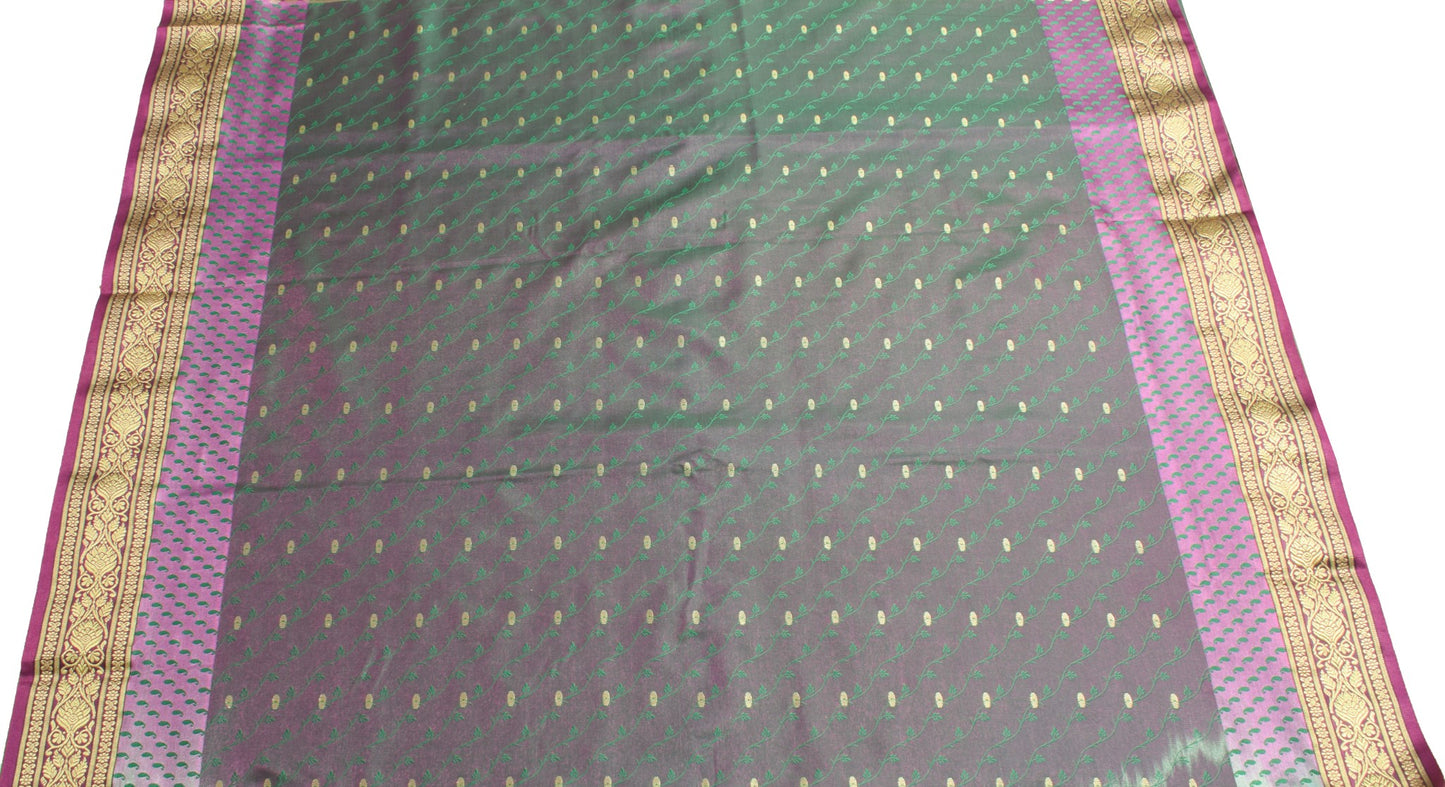 Indian Green Blue Dual Tone Sari Banarasi Art Silk Saree Blouse Gold Zari Woven