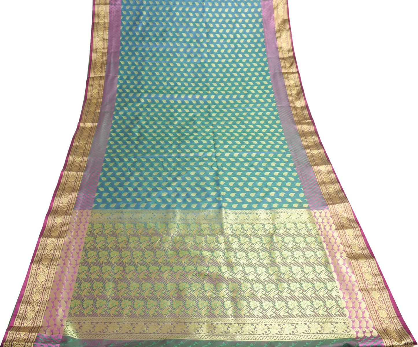 Indian Green Blue Dual Tone Sari Banarasi Art Silk Saree Blouse Gold Zari Woven
