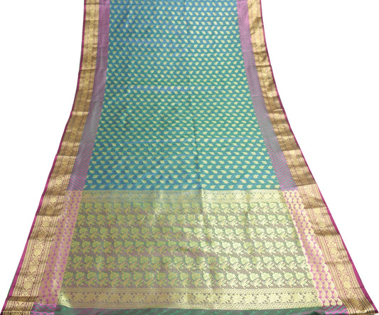 Indian Green Blue Dual Tone Sari Banarasi Art Silk Saree Blouse Gold Zari Woven