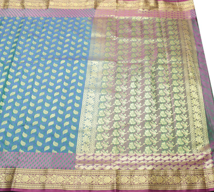 Indian Green Blue Dual Tone Sari Banarasi Art Silk Saree Blouse Gold Zari Woven