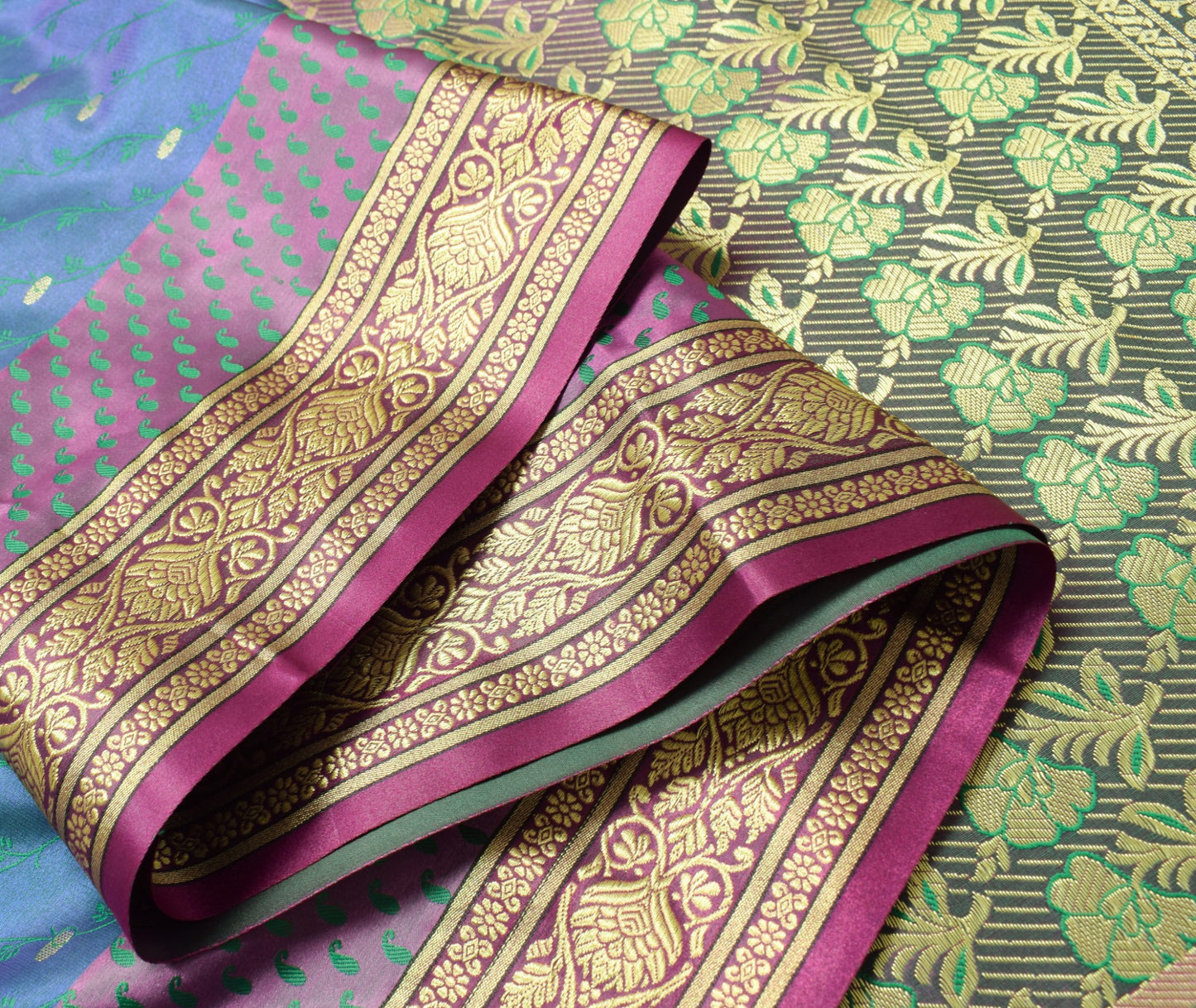 Indian Green Blue Dual Tone Sari Banarasi Art Silk Saree Blouse Gold Zari Woven