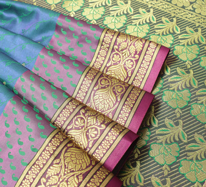 Indian Green Blue Dual Tone Sari Banarasi Art Silk Saree Blouse Gold Zari Woven