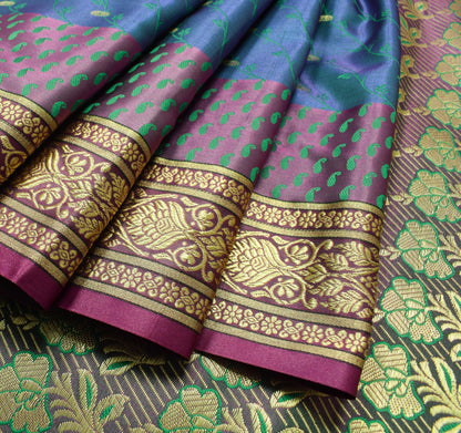 Indian Green Blue Dual Tone Sari Banarasi Art Silk Saree Blouse Gold Zari Woven