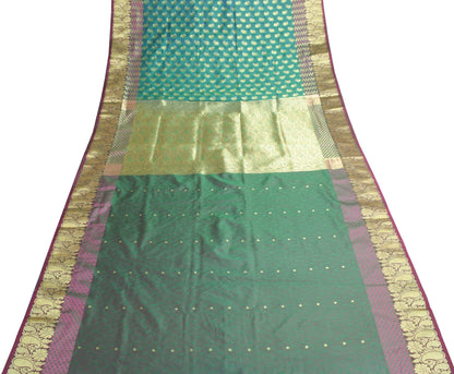 Indian Green Blue Dual Tone Sari Art Silk Banarasi Saree Blouse Gold Zari Woven