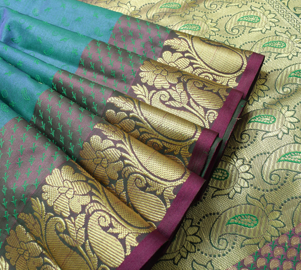 Indian Green Blue Dual Tone Sari Art Silk Banarasi Saree Blouse Gold Zari Woven