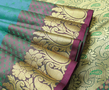 Indian Green Blue Dual Tone Sari Art Silk Banarasi Saree Blouse Gold Zari Woven