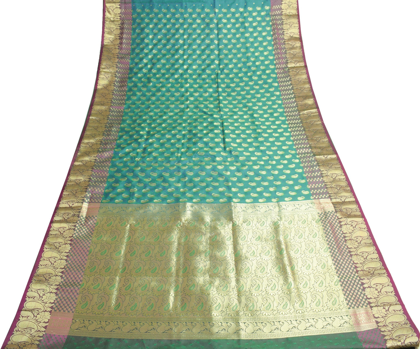 Indian Green Blue Dual Tone Sari Art Silk Banarasi Saree Blouse Gold Zari Woven