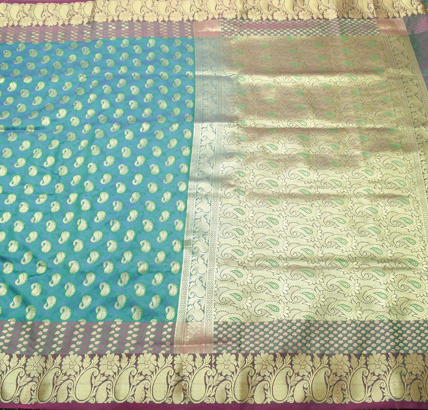 Indian Green Blue Dual Tone Sari Art Silk Banarasi Saree Blouse Gold Zari Woven